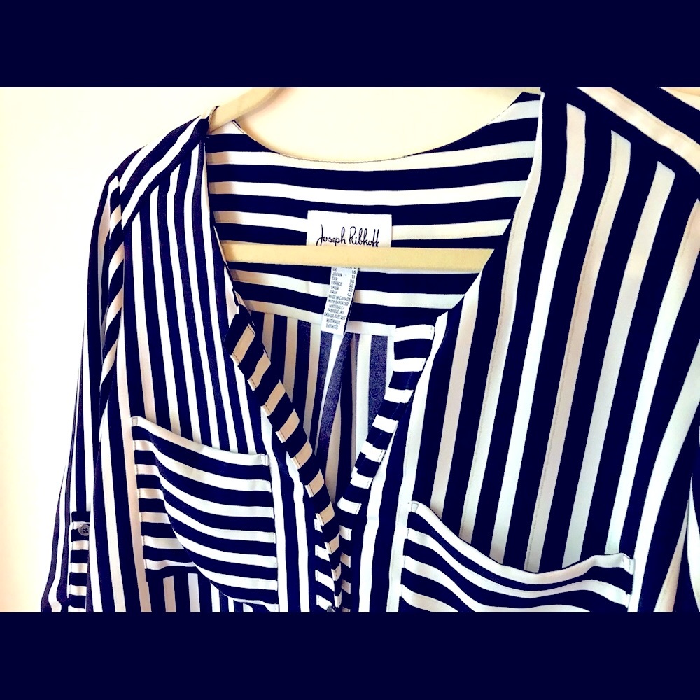 Cream and Navy Stripe Joseph Ribkoff top with silver shimmer and 3/4 sleeves